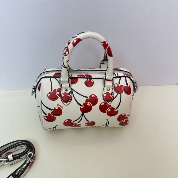 Coach Rowan Cherry Print Boston Bag | White Girlish Tote/Crossbody Bucket Bag - Picture 2 of 10